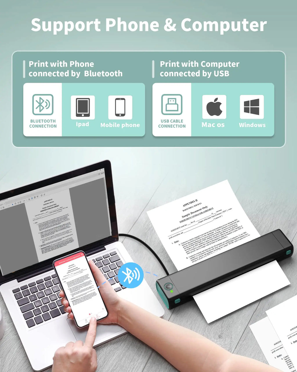 M08F A4 Portable Thermal Printer 8.26"X11.69" A4 Thermal Paper Wireless Mobile Travel Printer Android Ios Laptop Printer