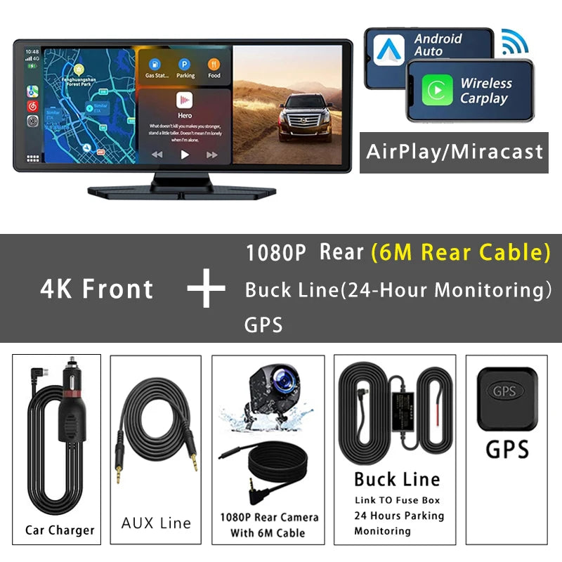 10.26 Inch 4K 3840*2160P Dash Cam Carplay Android-Auto GPS 5G WIFI FM BT Car Dvr Dual Lens Dashcam Truck Camera Drive Recorder